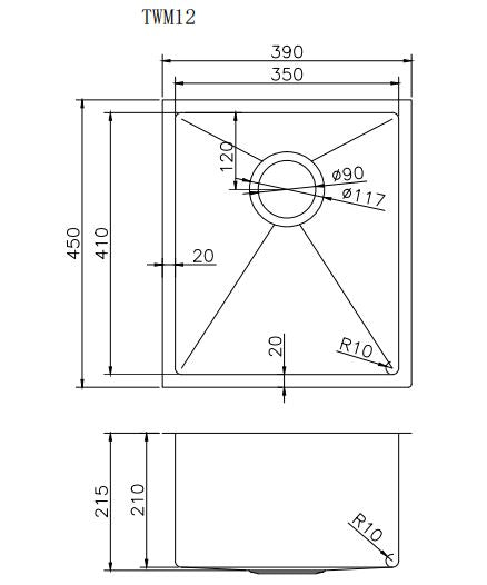 1.2mm Handmade Top/Undermount Single Bowl Kitchen Sink | 390 x 450 x 215 mm