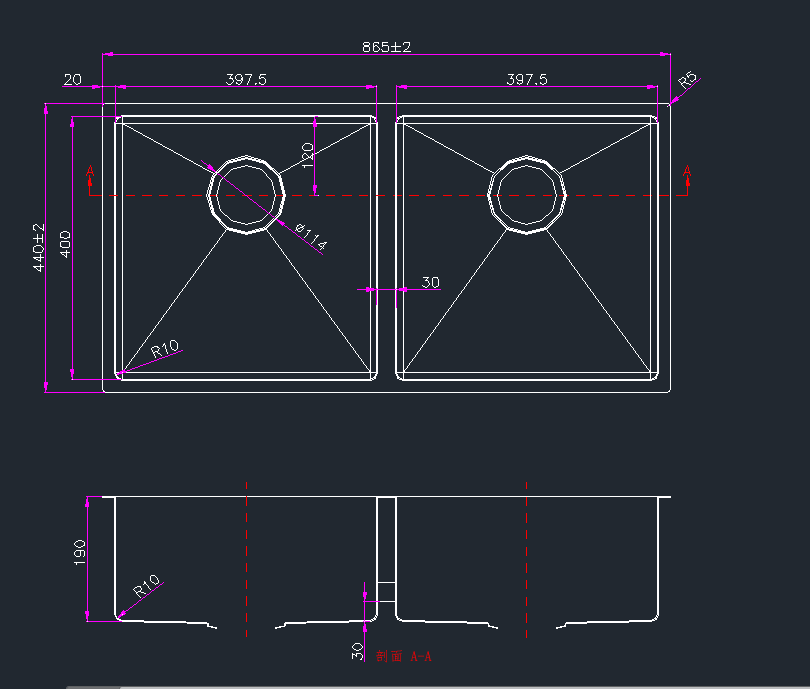 Hand-made Double Kitchen Sink(Round Edges) | 865 x 440 x 190mm