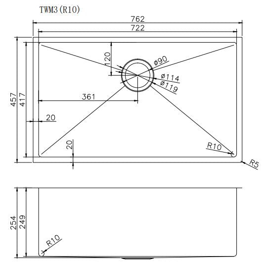 Hand-made Single Bowl Kitchen Sink(Round Edges) | 762 x 457 x 254 MM