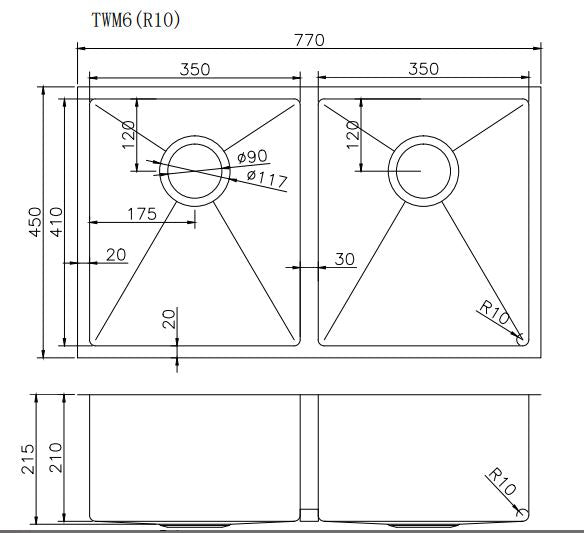 Hand-made Double Bowl Kitchen Sink | 770 x 450 x 215mm
