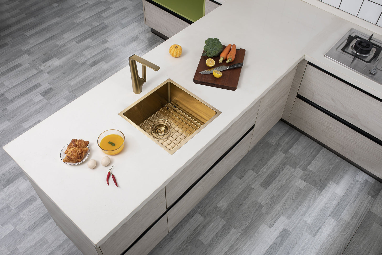 Brushed Yellow Gold Stainless Steel Handmade Single Bowl Sink for Flush Mount and Undermount | 440x440x205mm