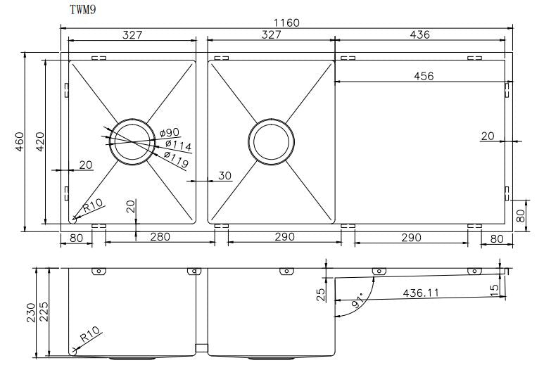 1.2mm Handmade Top/Undermount Double Bowls Kitchen Sink | 1160 x 460 x 230 mm