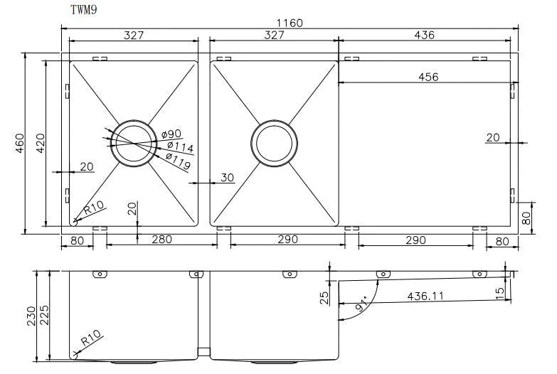 Rose Gold PVD 1.2mm Handmade Top/Undermount Double Bowls Kitchen Sink | 1160 x 460 x 230 mm
