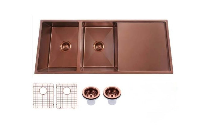 Rose Gold PVD 1.2mm Handmade Top/Undermount Double Bowls Kitchen Sink | 1160 x 460 x 230 mm