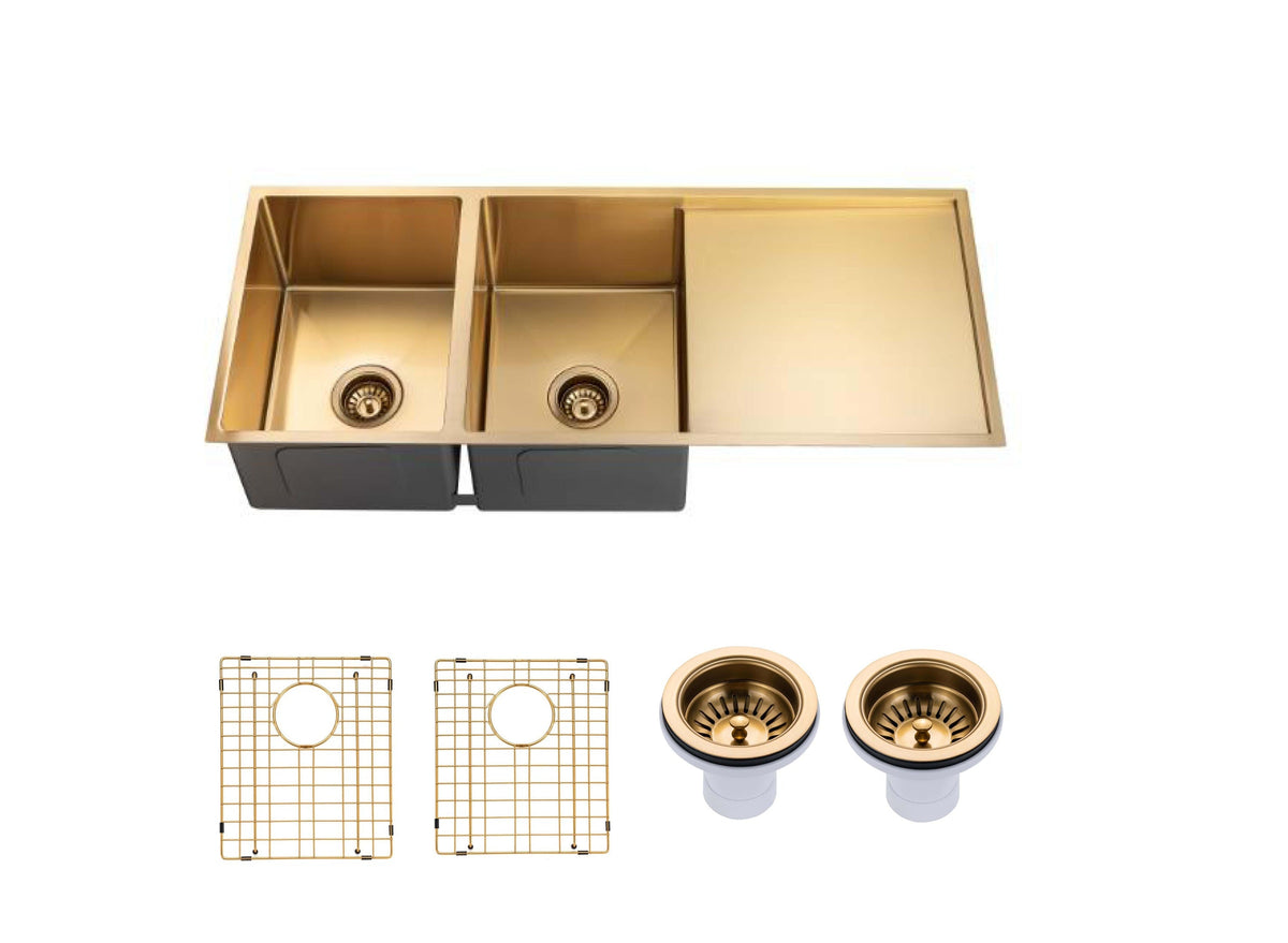 Brushed Yellow Gold 1.2mm Handmade Top/Undermount Double Bowls Kitchen Sink | 1160 x 460 x 230 mm