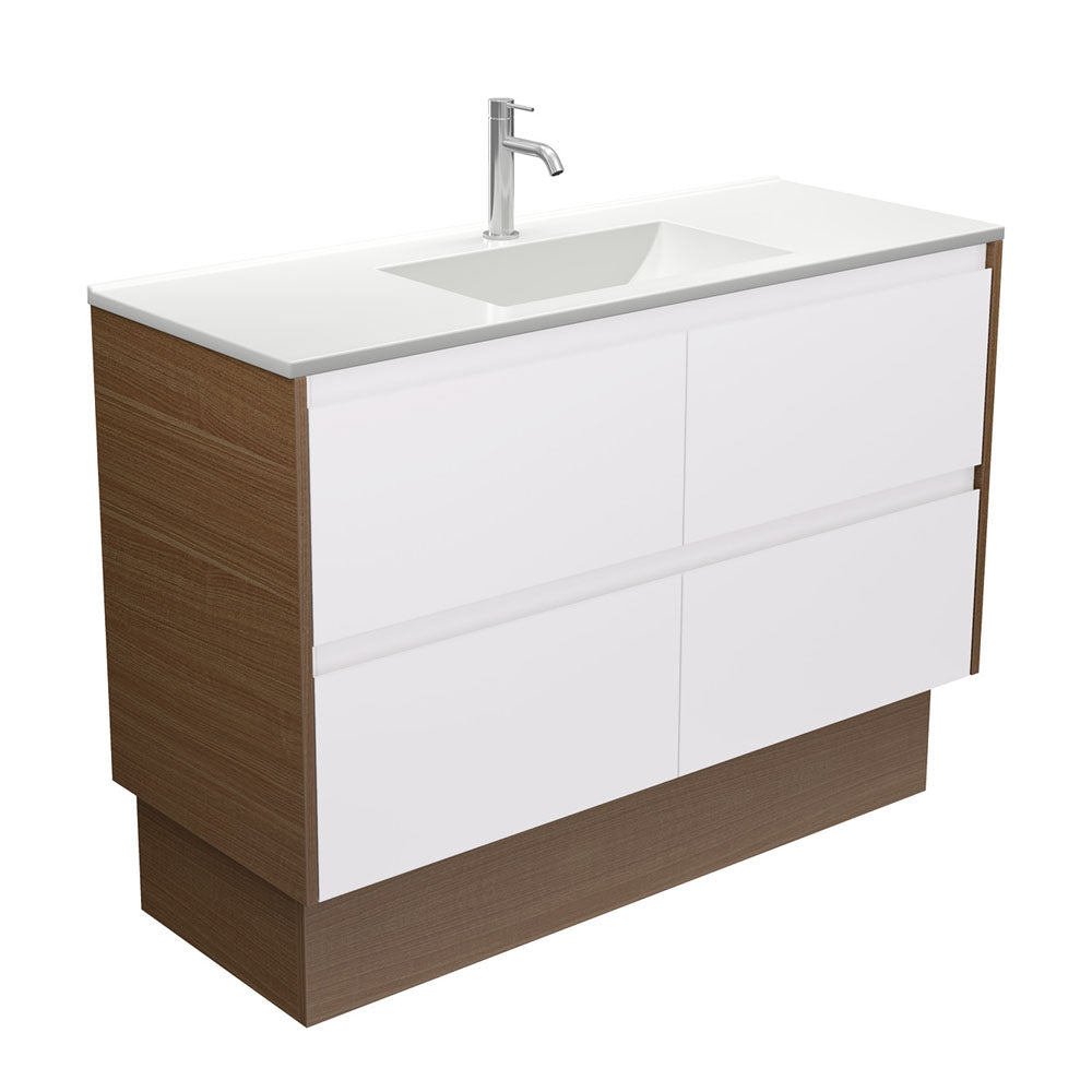 Vanessa Amato 1200 Satin White Vanity on Kick, Walnut Panels