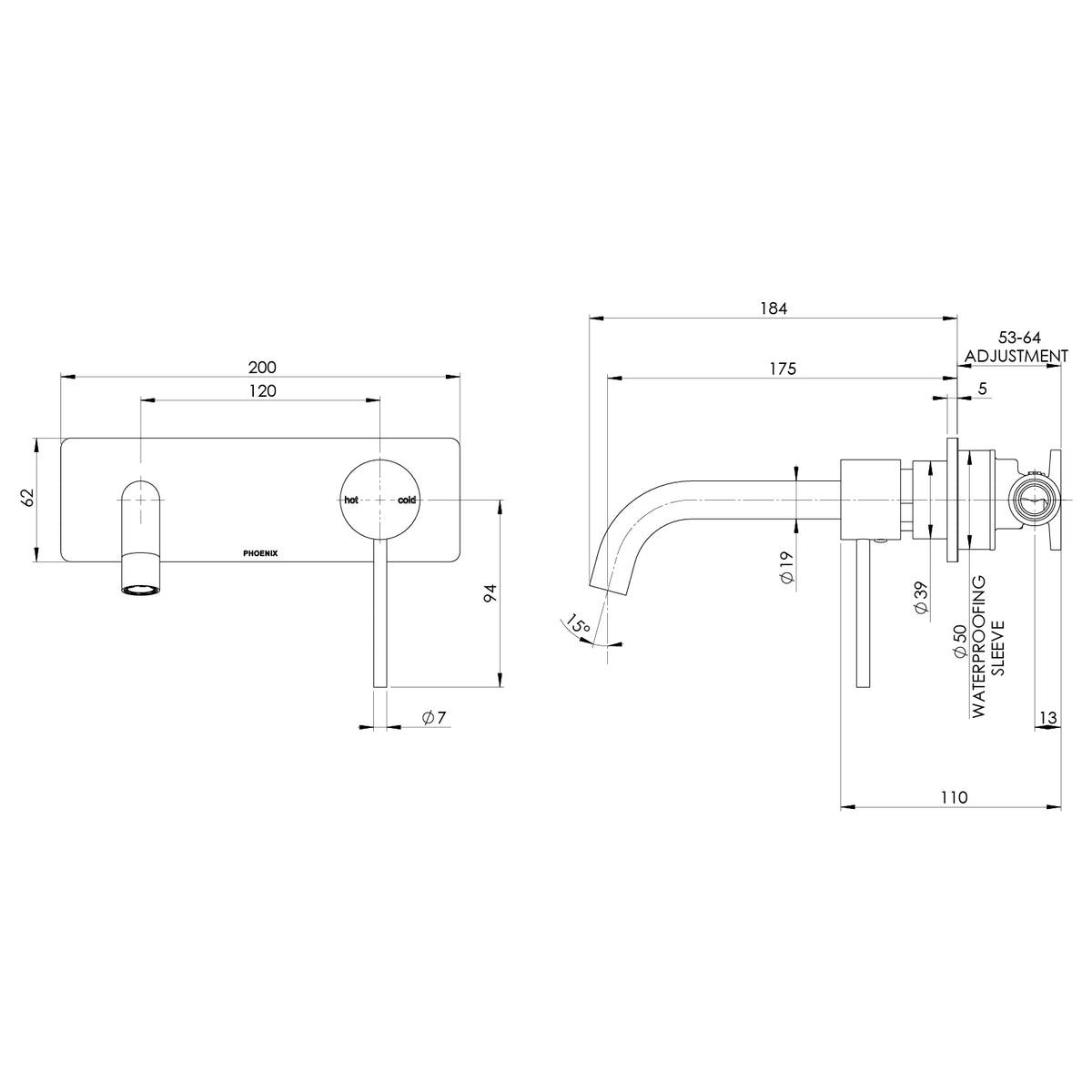 Phoenix Vivid Slimline SwitchMix Wall Basin / Bath Mixer Set 180mm (Complete Kit) – Lead Free