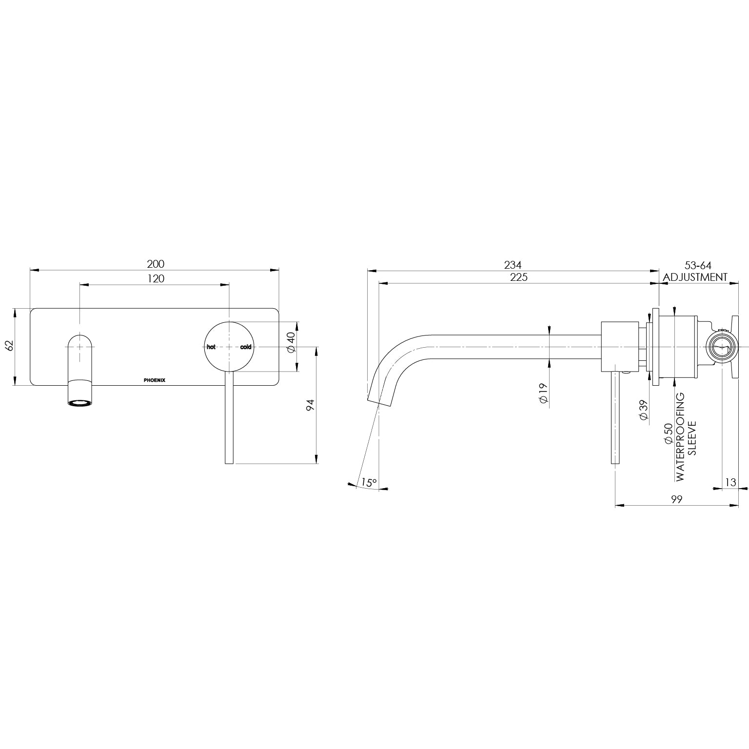 Phoenix Vivid Slimline SwitchMix Wall Basin / Bath Mixer Set 230mm (Complete Kit) – Lead Free