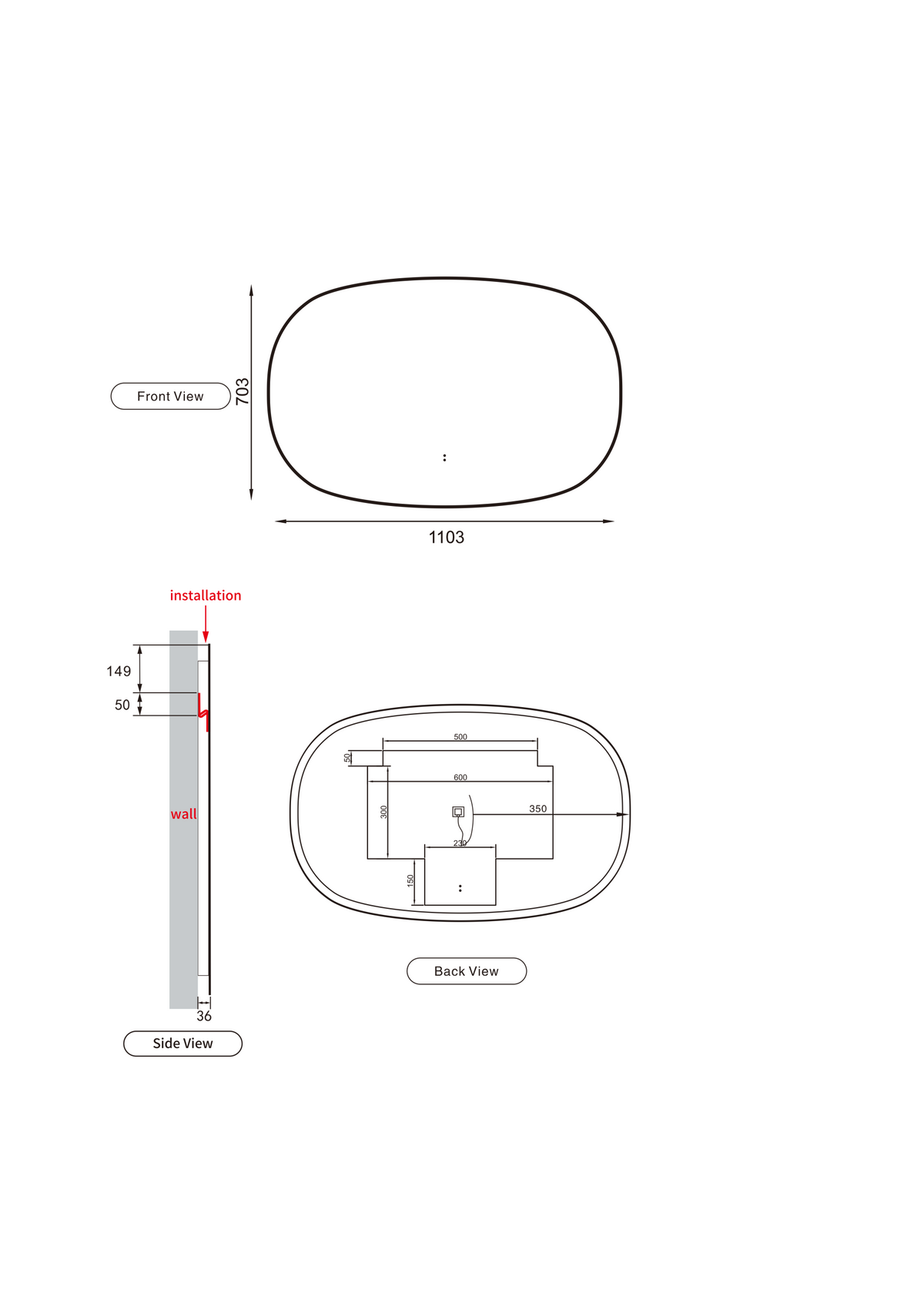 Aulic Valmont Horizontal LED Mirror dimension drawing