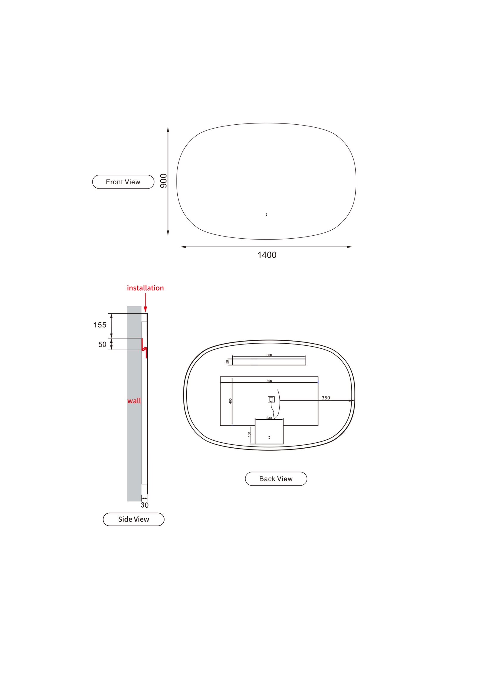 Aulic Valmont Horizontal LED Mirror dimension drawing
