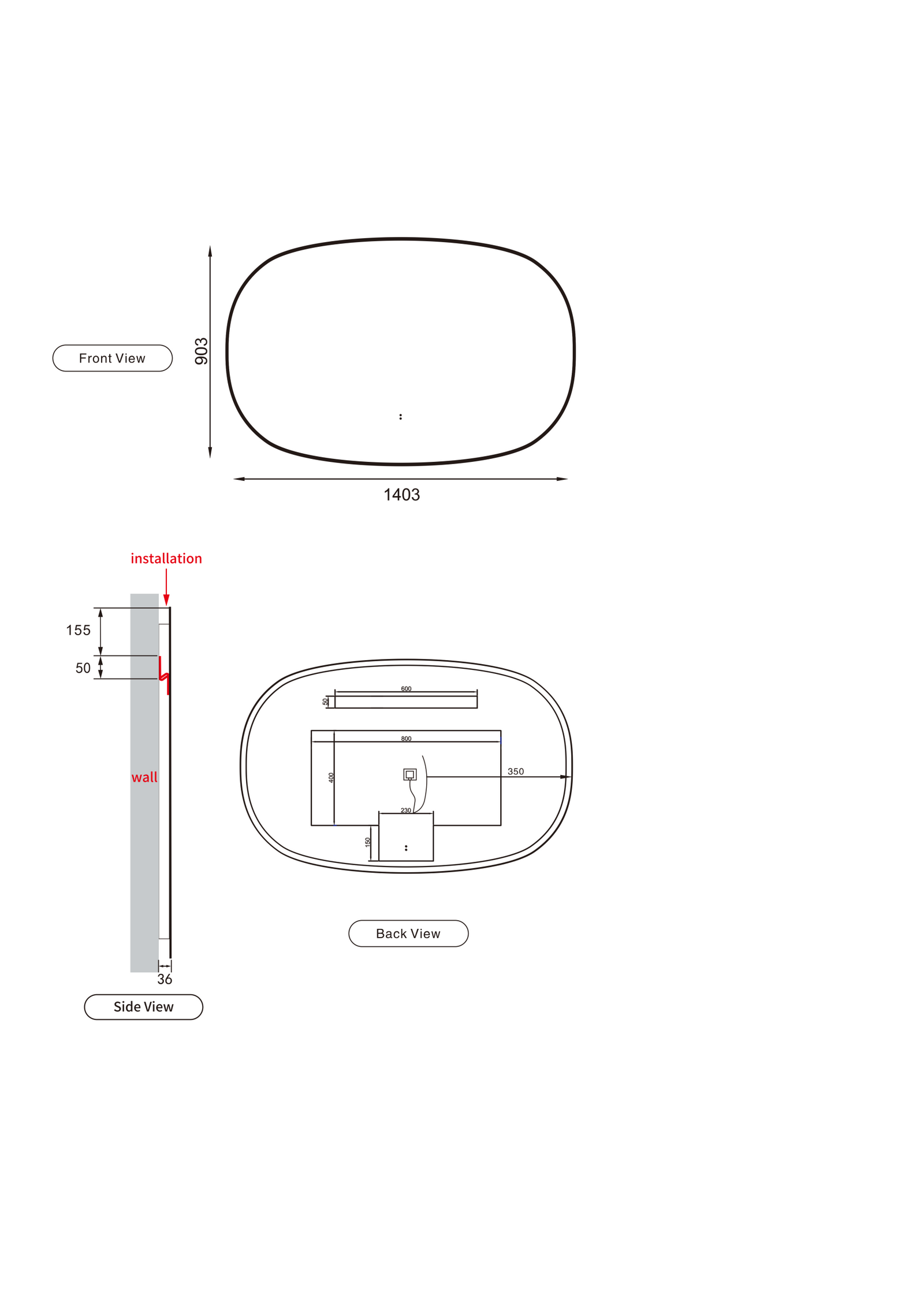 Aulic Valmont Horizontal LED Mirror dimension drawing