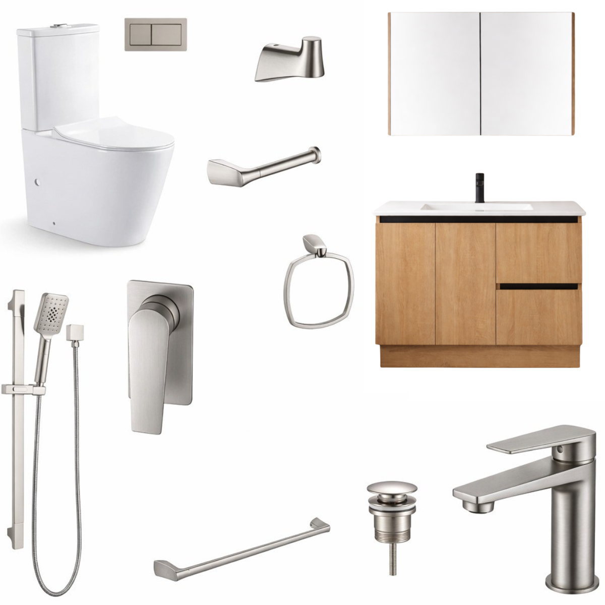 COMPLETE BATHROOM PACKAGE - EXON RANGE BRUSHED NICKEL WITH NUTRO FREE STANDING VANITY
