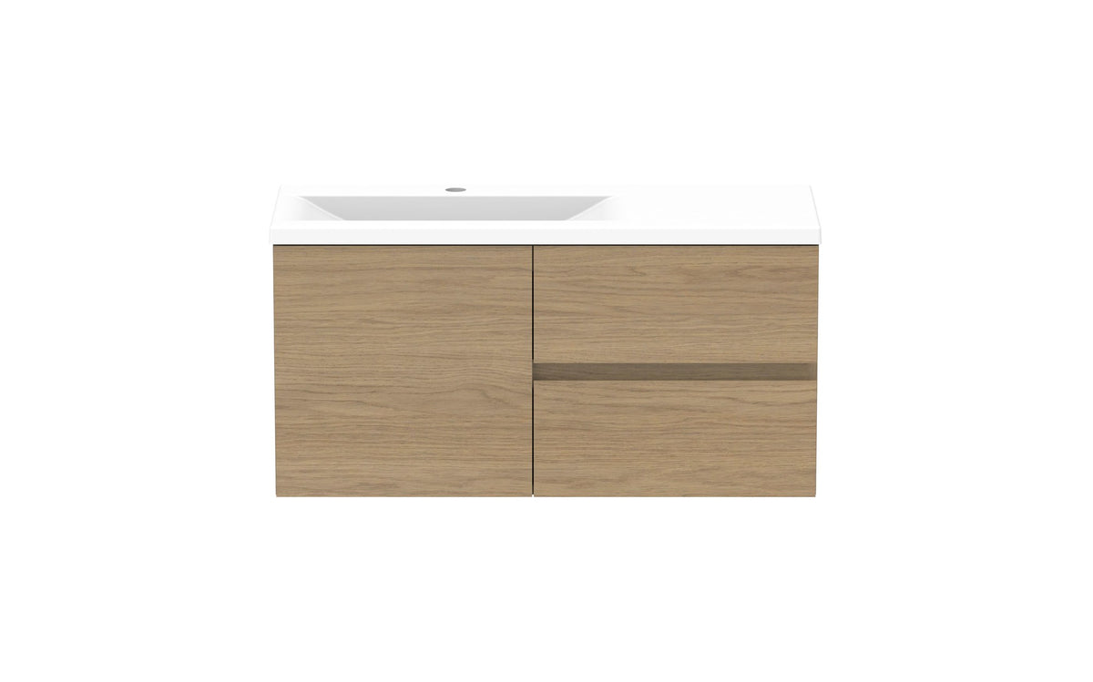 ADP Drift Ensuite Wall Hung Vanity 900mm left offset bowl in Boston Oak, front view