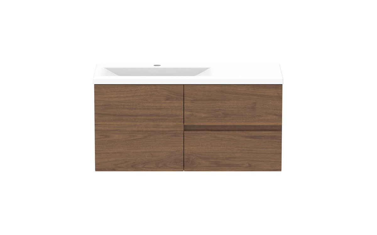 ADP Drift Ensuite Wall Hung Vanity 900mm left offset bowl in Florentine Walnut, front view