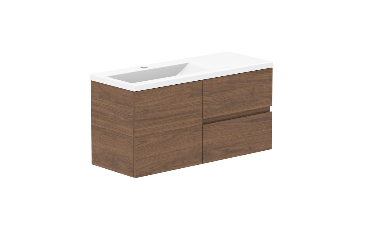 ADP Drift Ensuite Wall Hung Vanity 900mm left offset bowl in Florentine Walnut