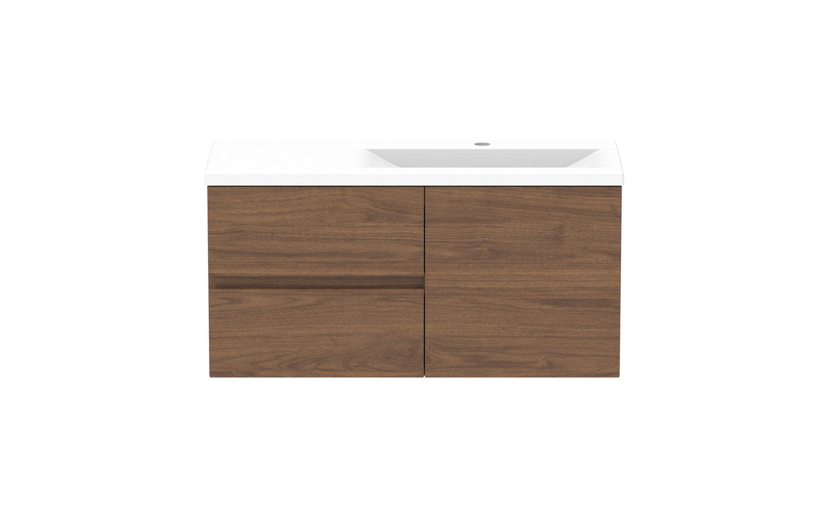 ADP Drift Ensuite Wall Hung Vanity 900mm right offset bowl in Florentine Walnut, front view
