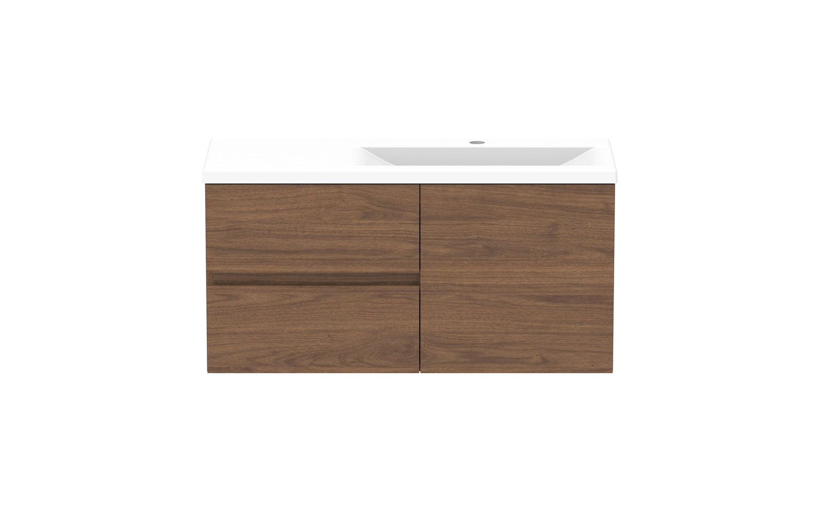 ADP Drift Ensuite Wall Hung Vanity 900mm right offset bowl in Florentine Walnut, front view