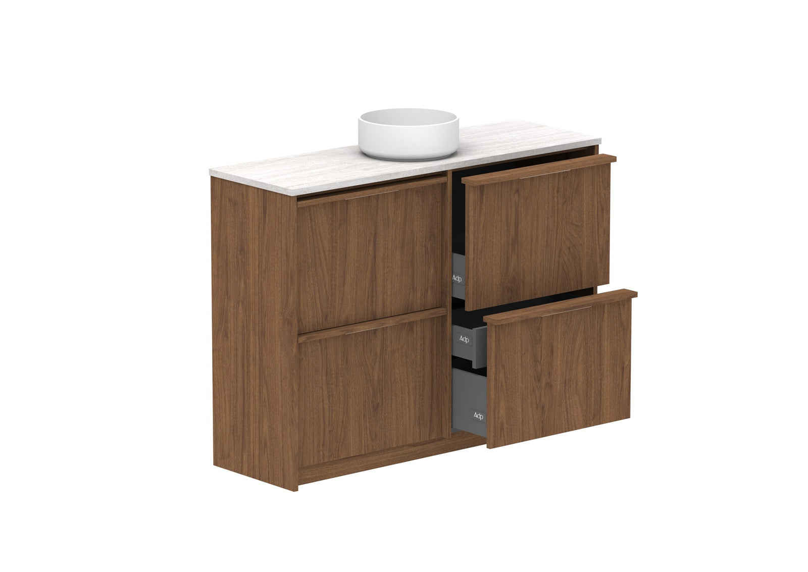 ADP Eli Ensuite Floor Mount Vanity 1200mm centre bowl in Florentine Walnut, open