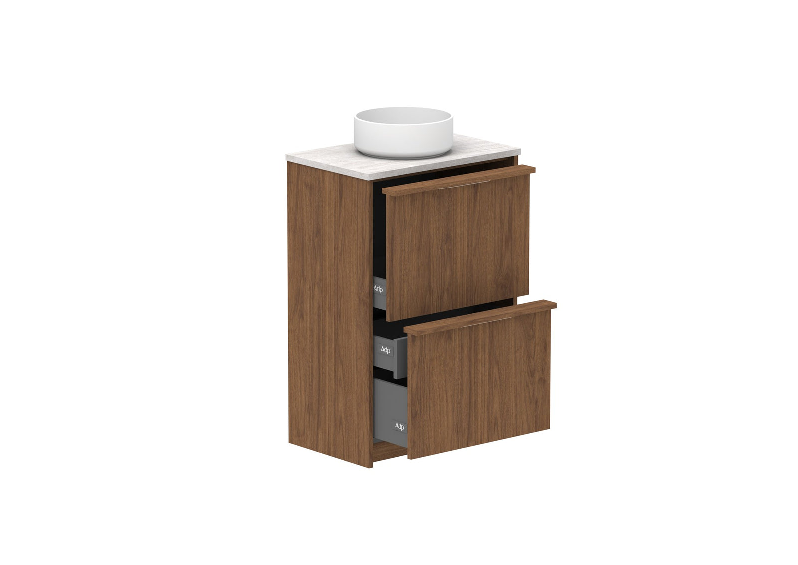 ADP Eli Ensuite Floor Mount Vanity 600mm centre bowl in Florentine Walnut, open