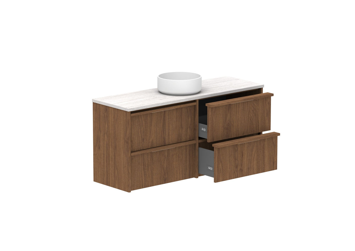 ADP Eli Ensuite Wall Hung Vanity 1200mm centre bowl in Florentine Walnut, open