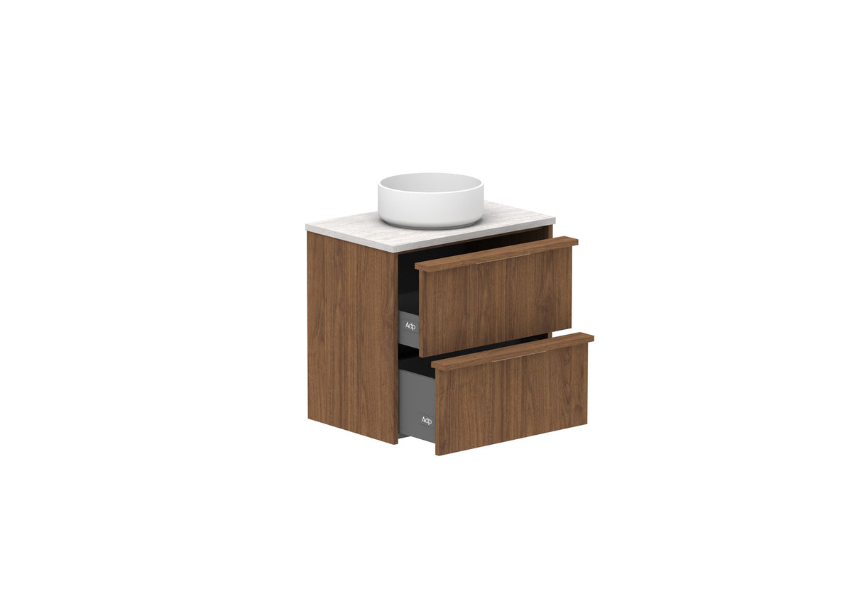 ADP Eli Ensuite Wall Hung Vanity 600mm centre bowl in Florentine Walnut, open