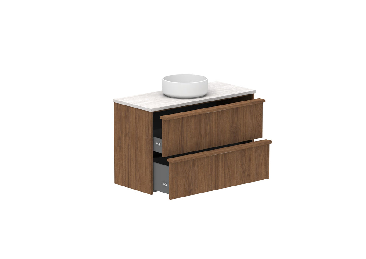 ADP Eli Ensuite Wall Hung Vanity 900mm centre bowl in Florentine Walnut, open