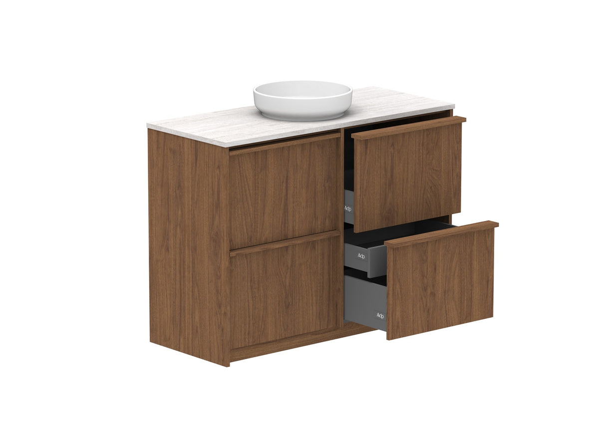 ADP Eli Full Depth Floor Mount Vanity 1200mm centre bowl in Florentine Walnut, open