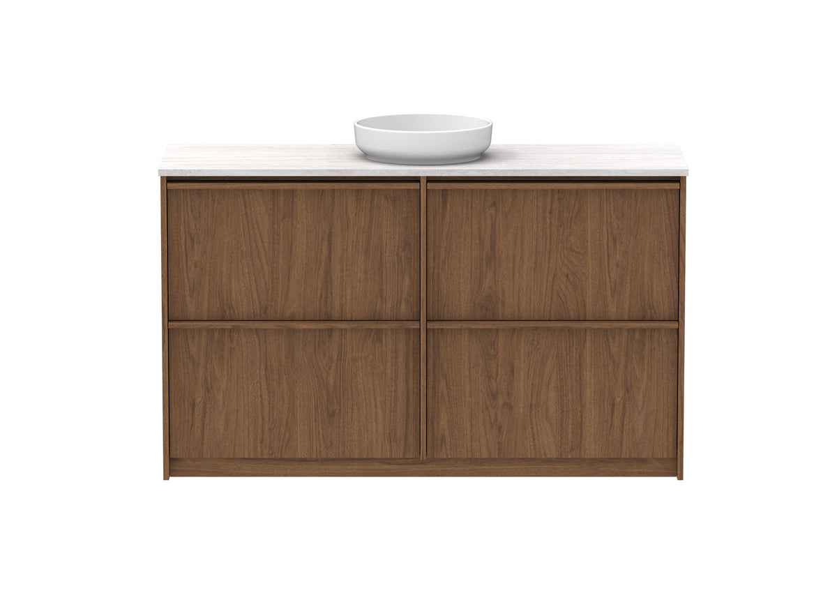 ADP Eli Full Depth Floor Mount Vanity 1500mm centre bowl in Florentine Walnut, front view