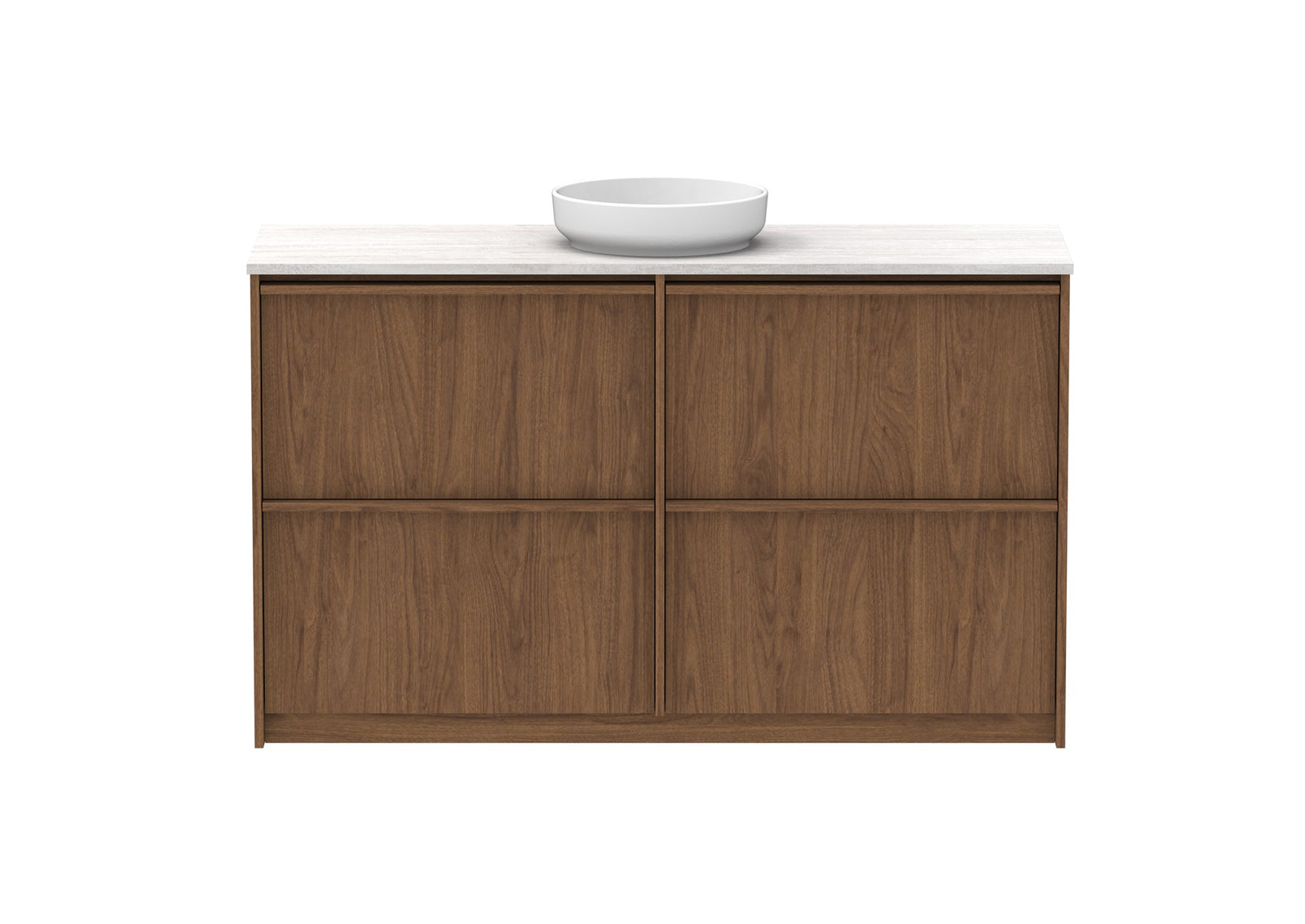 ADP Eli Full Depth Floor Mount Vanity 1500mm centre bowl in Florentine Walnut, front view