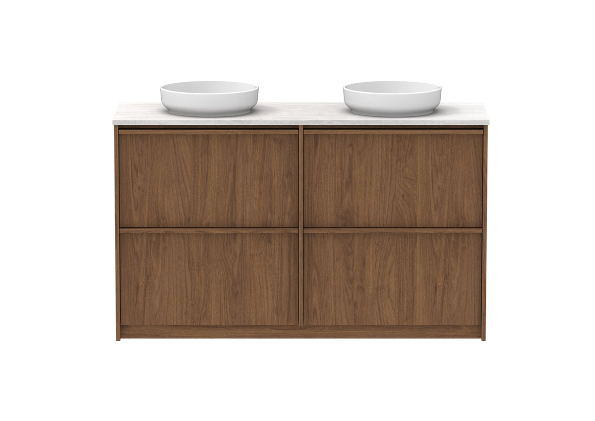 ADP Eli Full Depth Floor Mount Vanity 1500mm double bowl in Florentine Walnut, front view