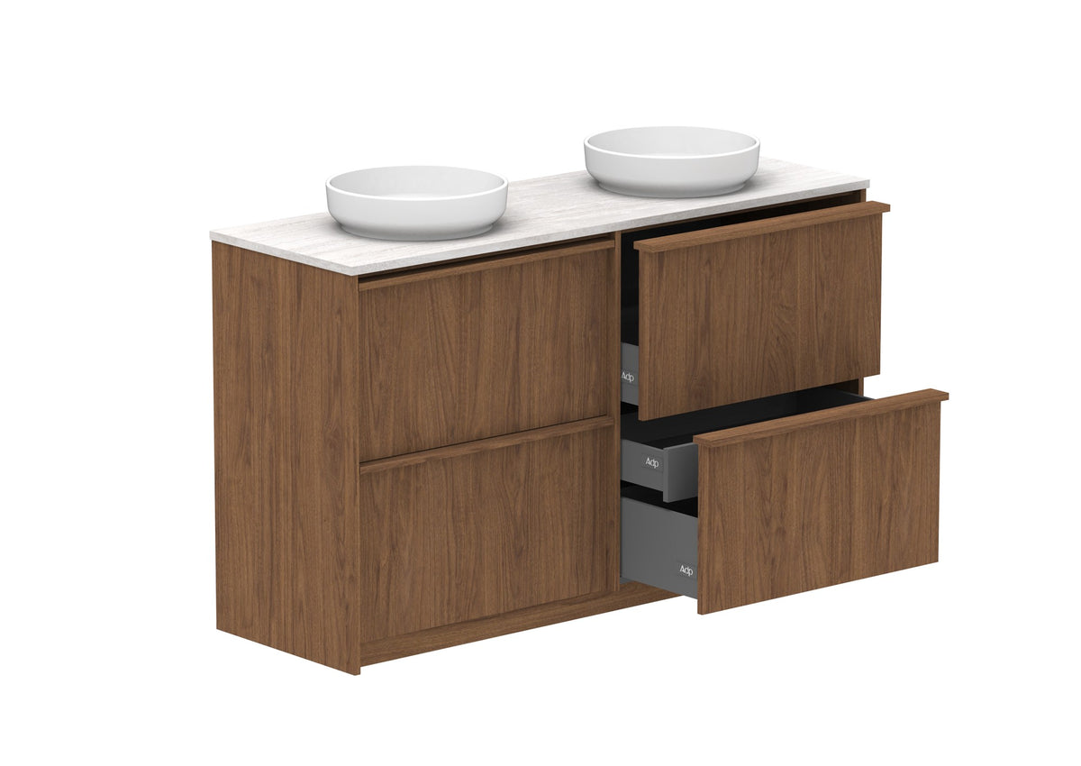 ADP Eli Full Depth Floor Mount Vanity 1500mm double bowl in Florentine Walnut, open