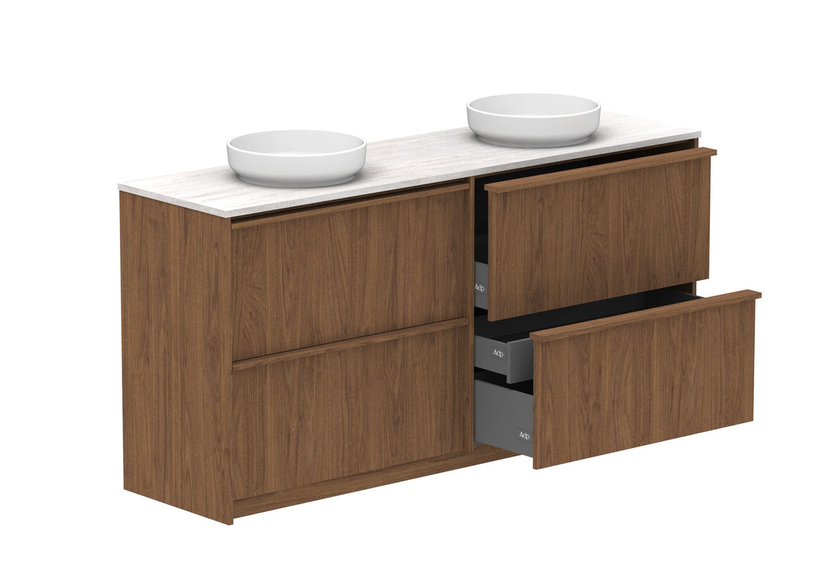 ADP Eli Full Depth Floor Mount Vanity 1800mm double bowl in Florentine Walnut, open