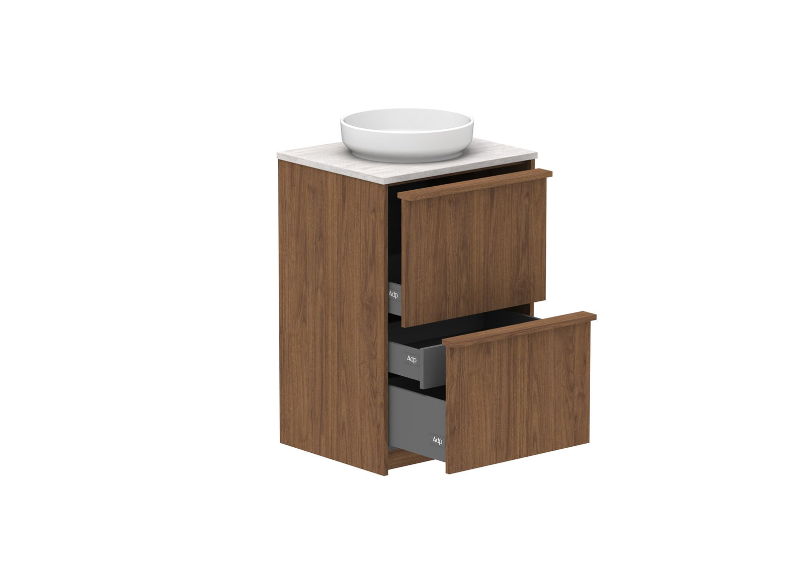 ADP Eli Full Depth Floor Mount Vanity 600mm centre bowl in Florentine Walnut, open