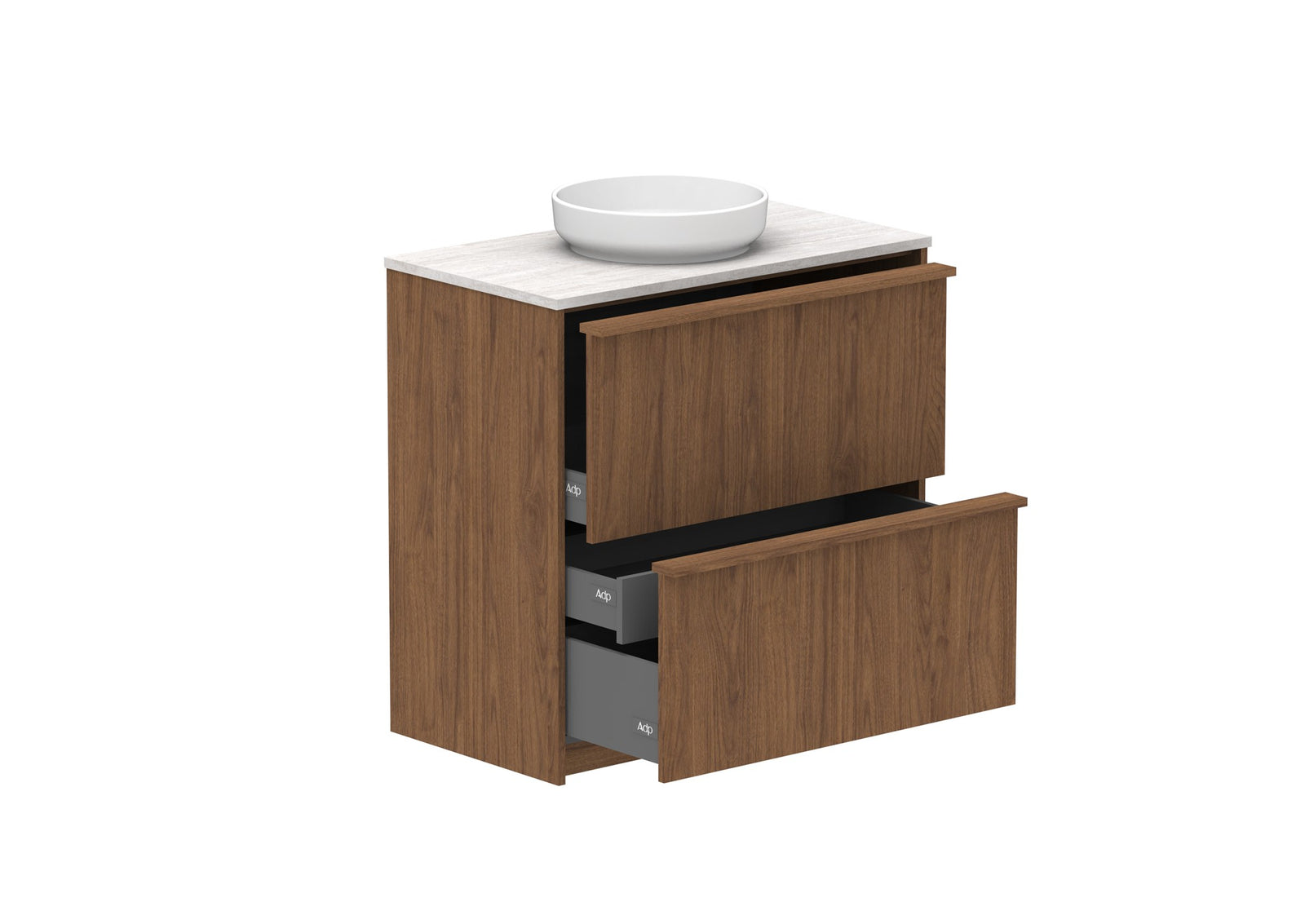ADP Eli Full Depth Floor Mount Vanity 900mm centre bowl in Florentine Walnut, open