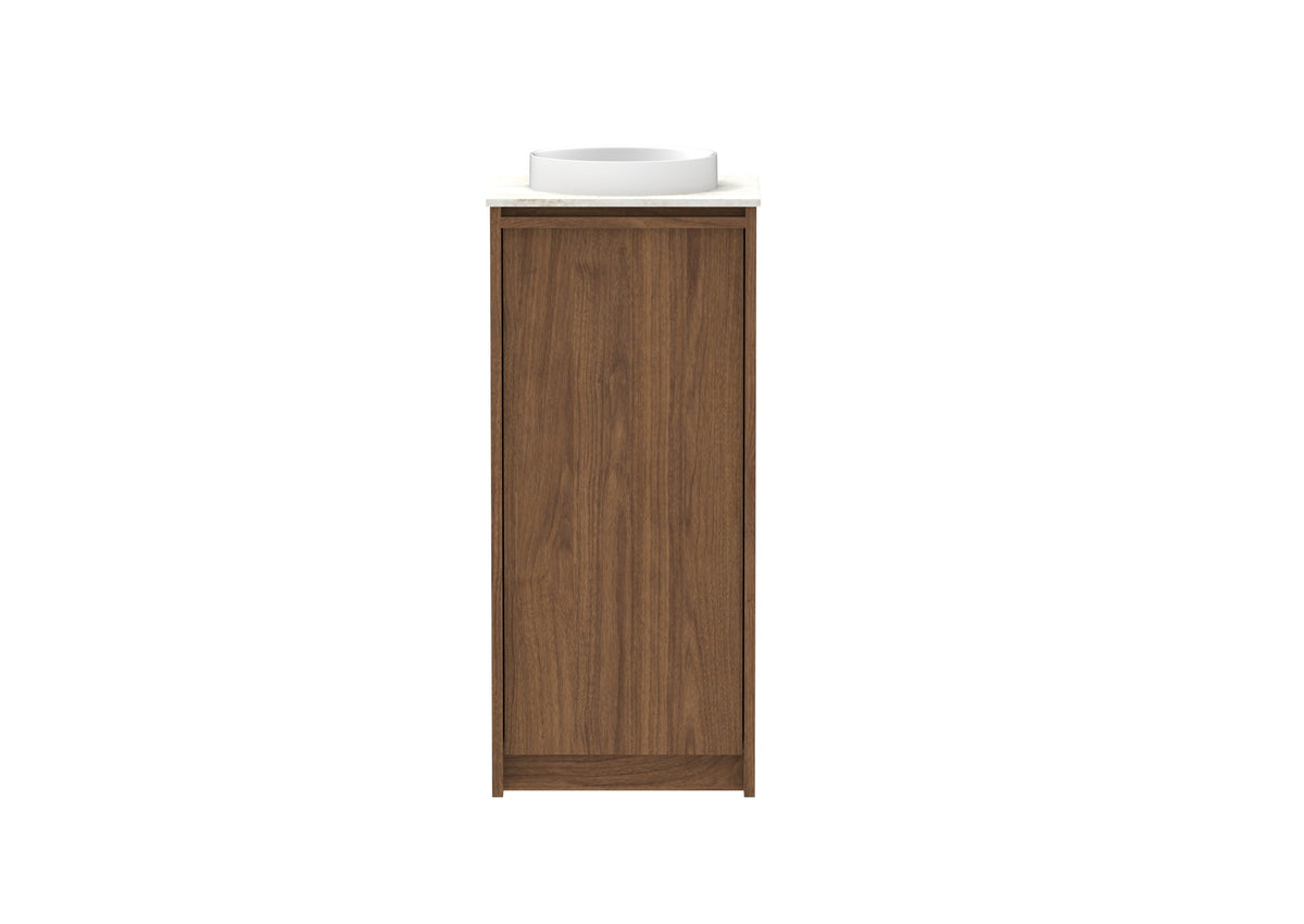 ADP Eli Mini Floor Mount Vanity 400mm centre bowl in Florentine Walnut, front view