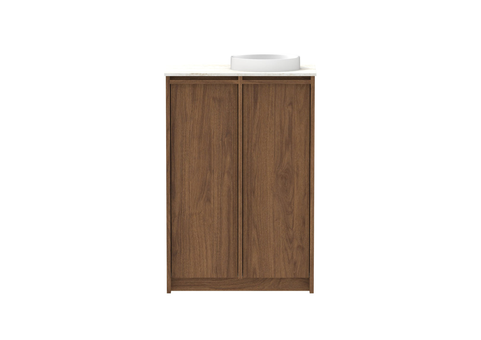 ADP Eli Mini Floor Mount Vanity 600mm right bowl in Florentine Walnut, front view