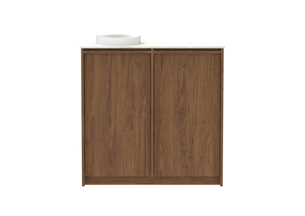 ADP Eli Mini Floor Mount Vanity 900mm left bowl in Florentine Walnut, front view
