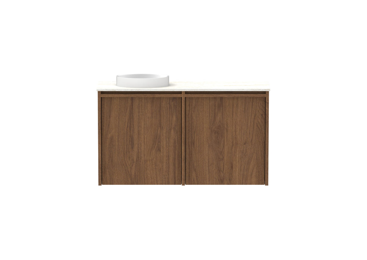 ADP Eli Mini Wall Hung Vanity 900mm left bowl in Florentine Walnut, front view