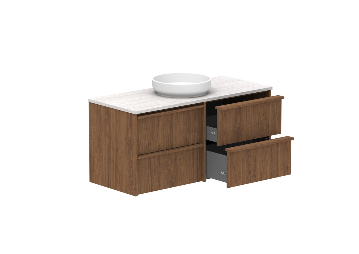 ADP Eli Full Depth Wall Hung Vanity 1200mm centre bowl in Florentine Walnut, open