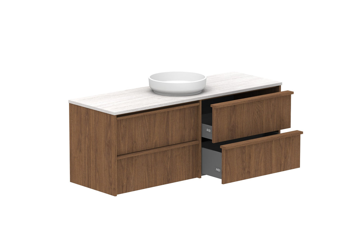 ADP Eli Full Depth Wall Hung Vanity 1500mm centre bowl in Florentine Walnut, open
