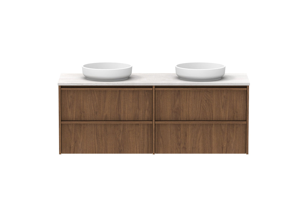 ADP Eli Full Depth Wall Hung Vanity 1500mm double bowl in Florentine Walnut, front view