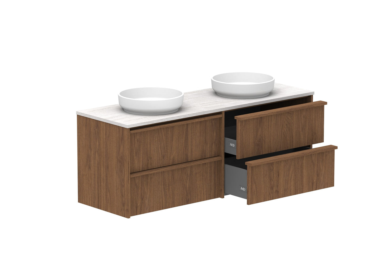 ADP Eli Full Depth Wall Hung Vanity 1500mm double bowl in Florentine Walnut, open
