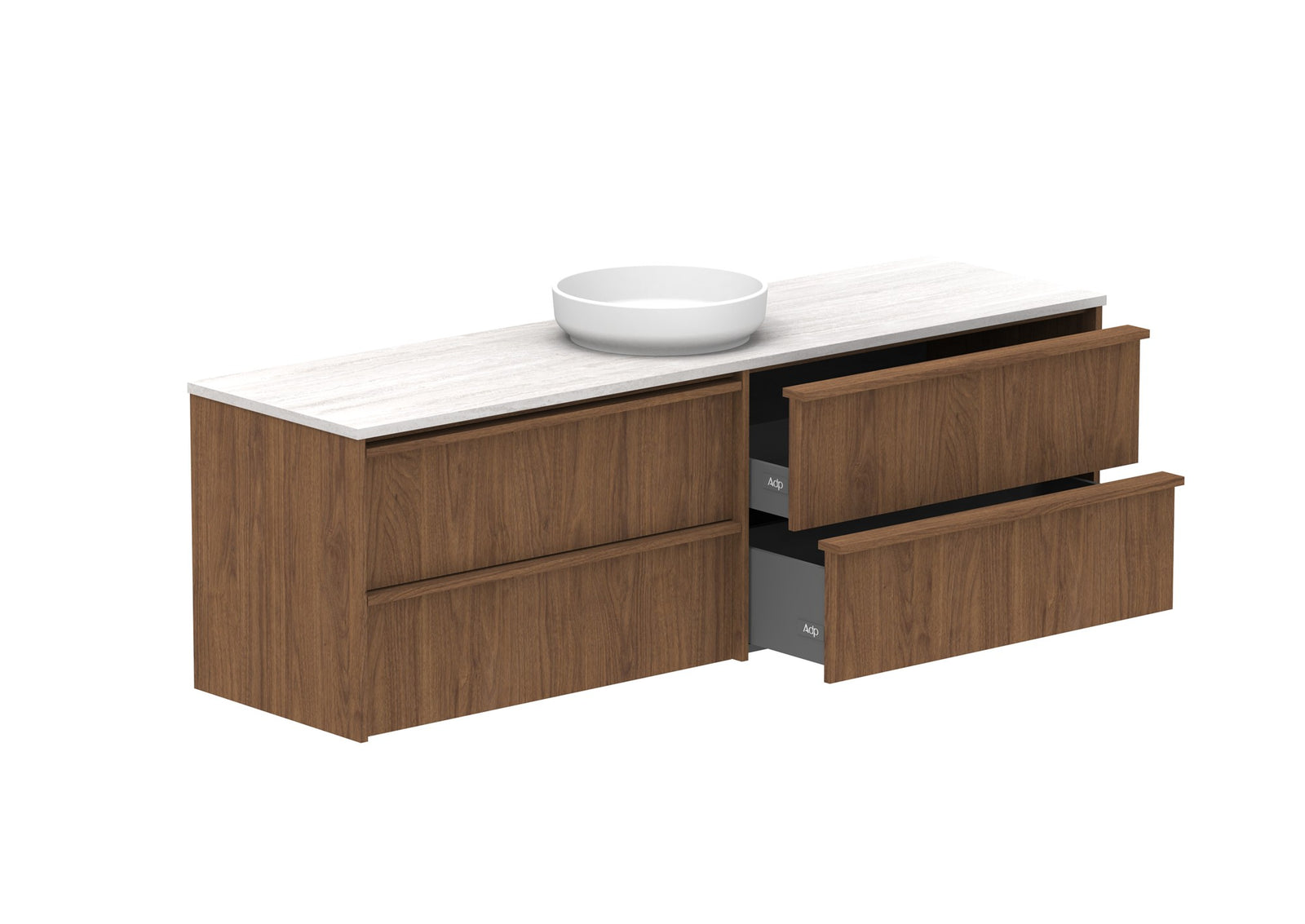 ADP Eli Full Depth Wall Hung Vanity 1800mm centre bowl in Florentine Walnut, open