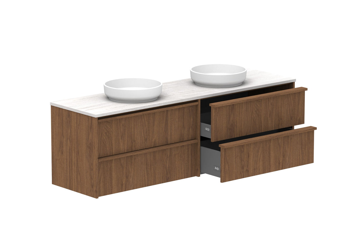 ADP Eli Full Depth Wall Hung Vanity 1800mm double bowl in Florentine Walnut, open