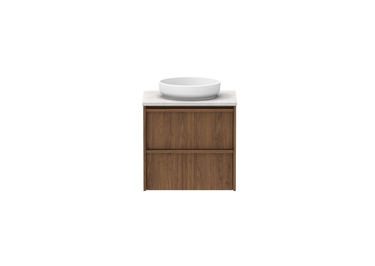 ADP Eli Full Depth Wall Hung Vanity 600mm centre bowl in Florentine Walnut, front view