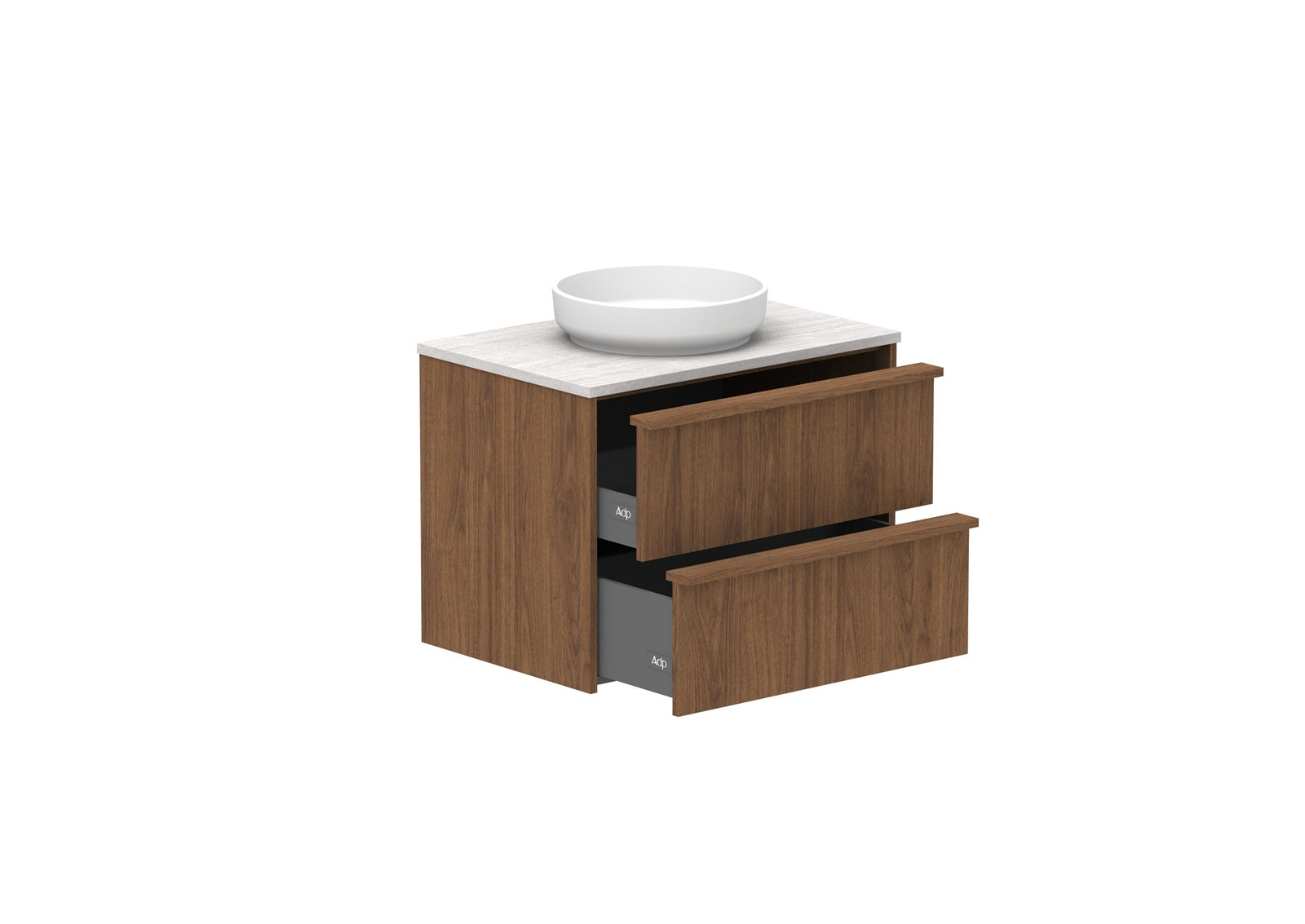 ADP Eli Full Depth Wall Hung Vanity 750mm centre bowl in Florentine Walnut, open