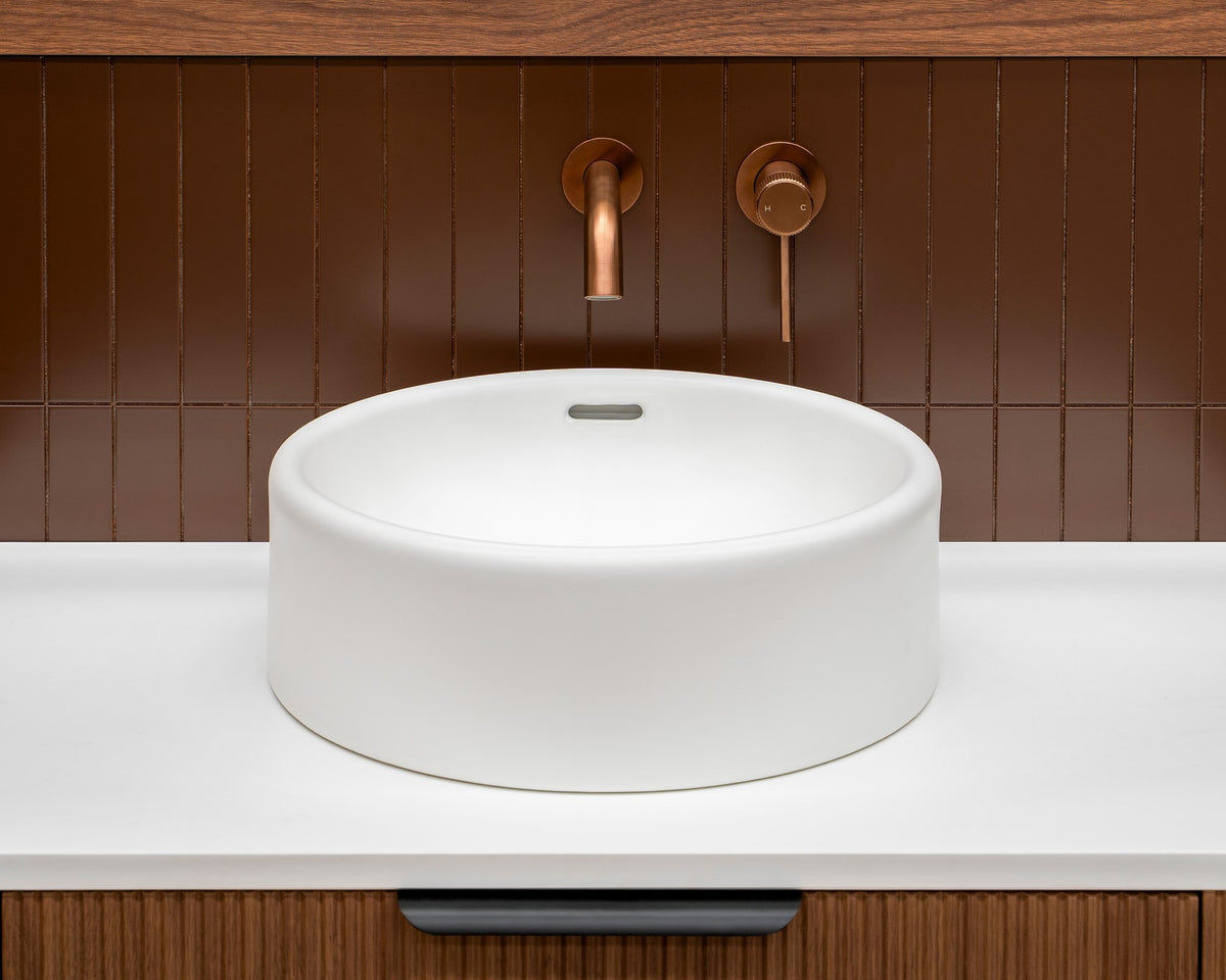 ADP Gerroa Basin in Matte White installed on a vanity benchtop, front view