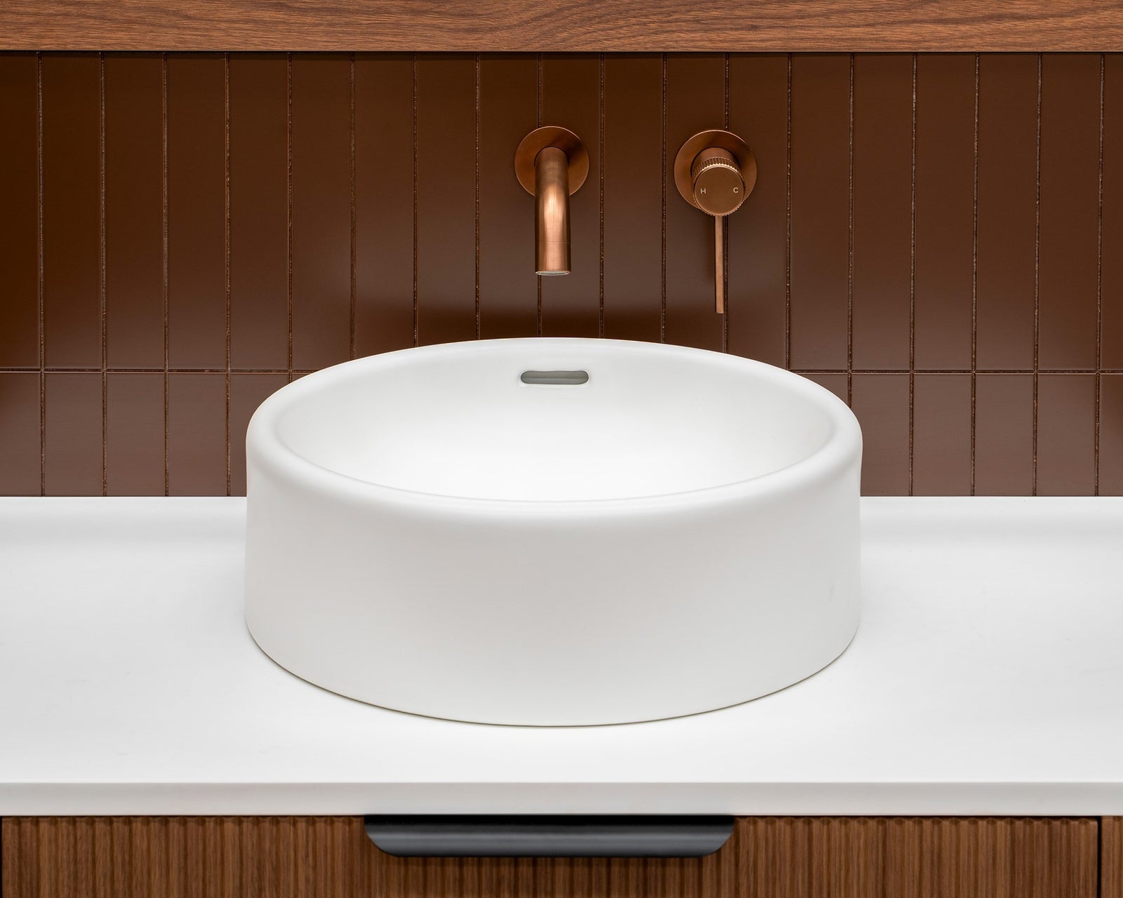 ADP Gerroa Basin in Matte White installed on a vanity benchtop, front view