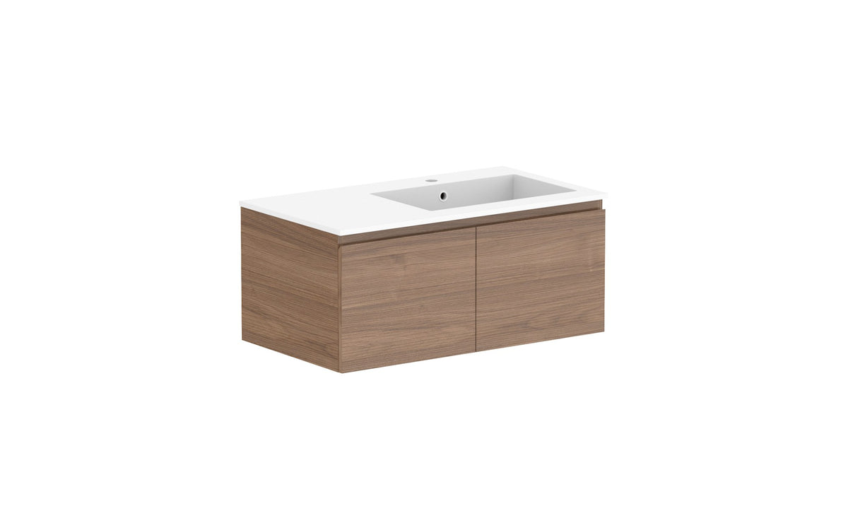 ADP Glacier Full Depth All-Door Slim Wall Hung Vanity 900mm right offset bowl, cast marble top