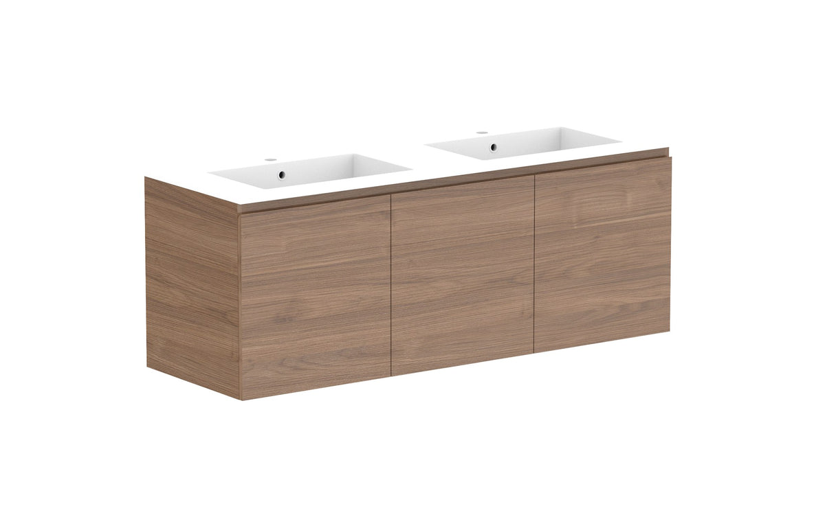 ADP Glacier Full Depth All-Door Twin Wall Hung Vanity 1500mm double bowl, cast marble top
